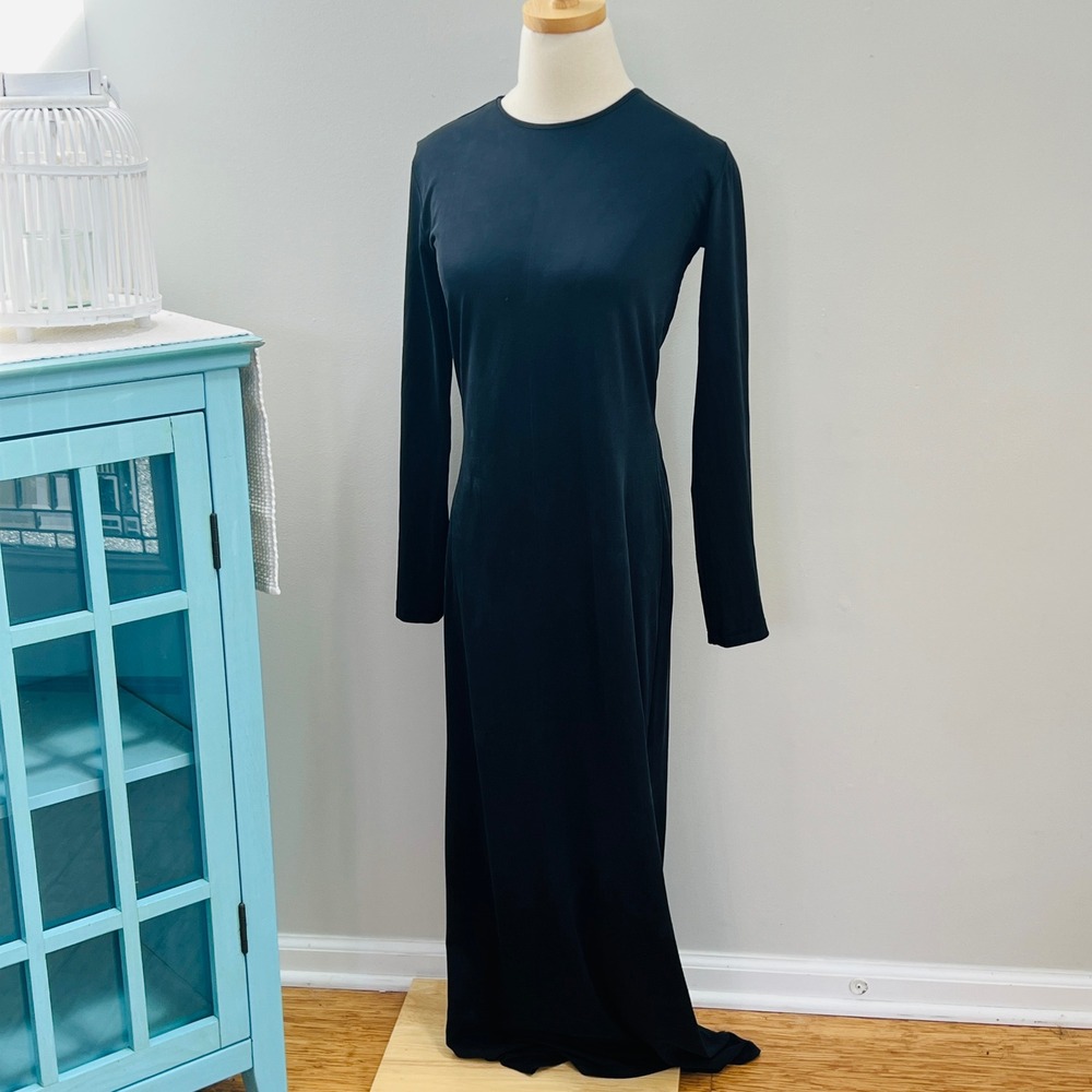 Skims Black Long Sleeve Maxi Dress Crew Neck Minimalist Floor Length Gown